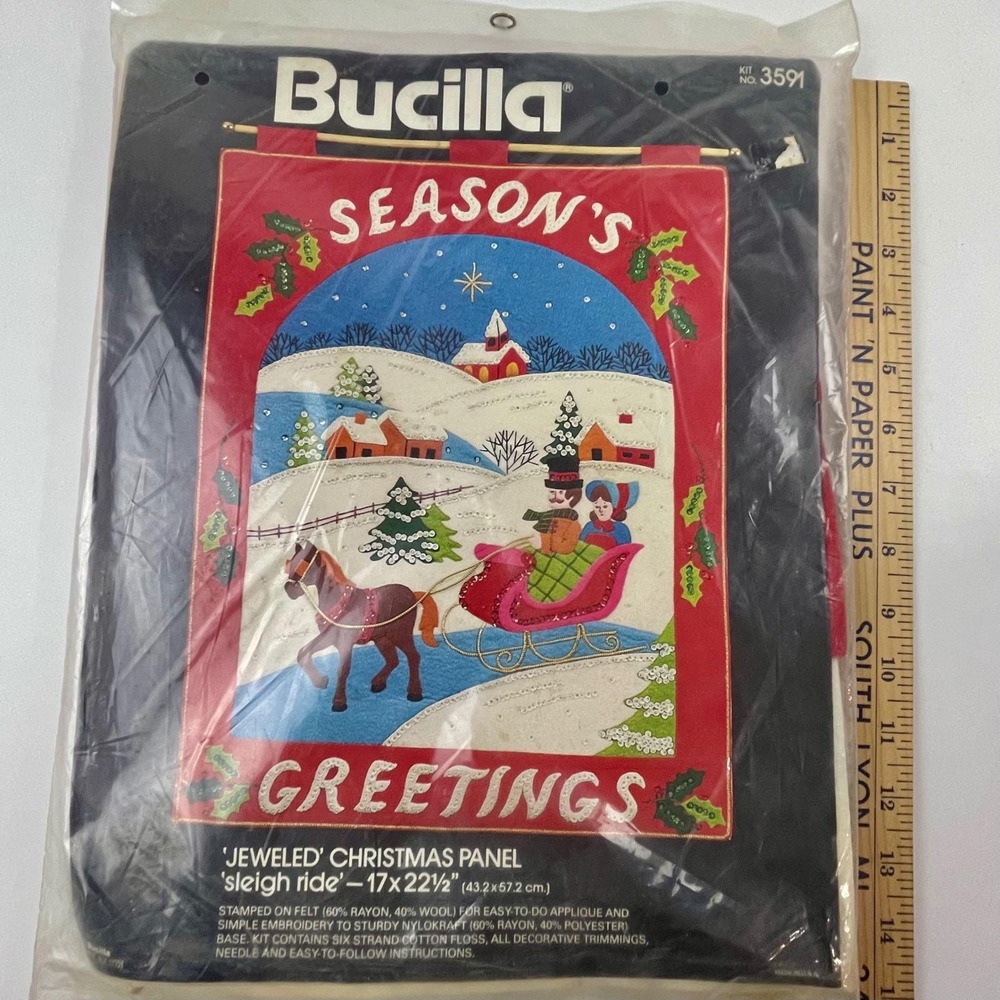 Vintage Bucilla Jeweled Christmas Panel Kit 3591 Sleigh Ride Felt Applique